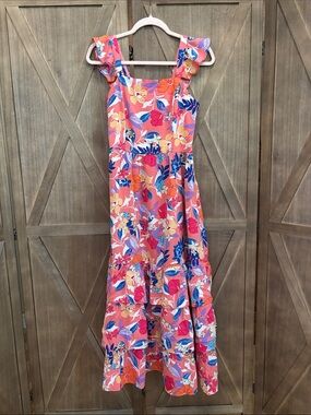 Floral Ruffle Strap Maxi Dress - Coral Pink Blue Hawaiian 🌺 Print Summer